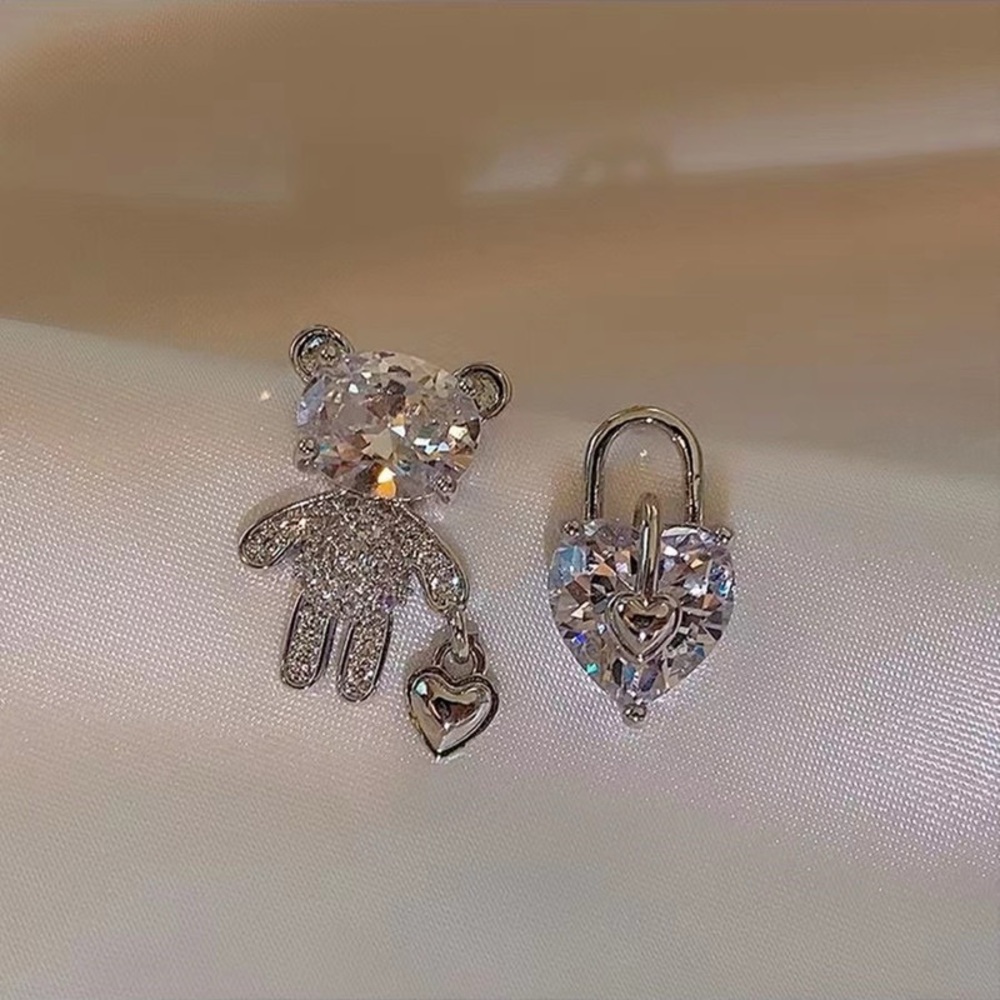 Silver Bear and Heart Earrings